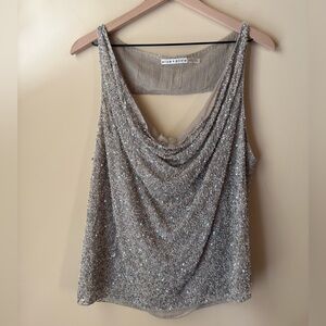 ALICE + OLIVIA Cream Silver Sequin Pearl Cowl Neck Top